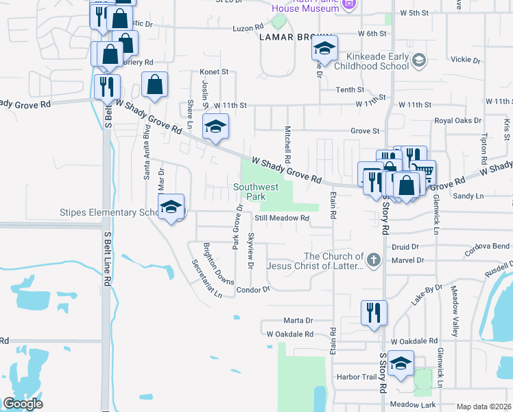 map of restaurants, bars, coffee shops, grocery stores, and more near 1501 Skyview Drive in Irving
