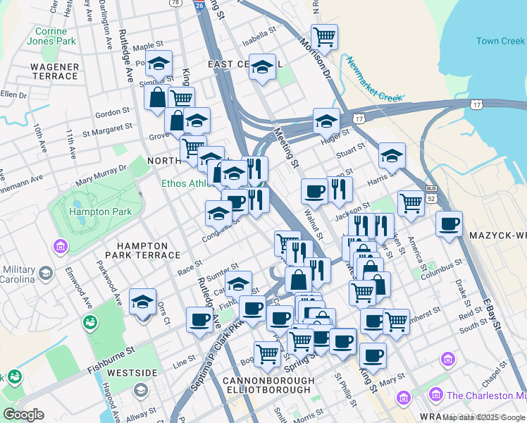 map of restaurants, bars, coffee shops, grocery stores, and more near 99 F Street in Charleston