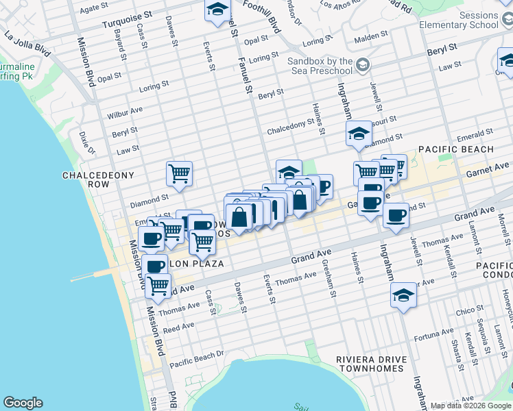map of restaurants, bars, coffee shops, grocery stores, and more near 1210 Felspar Street in San Diego