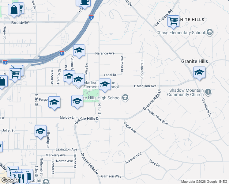 map of restaurants, bars, coffee shops, grocery stores, and more near 1719 East Madison Avenue in El Cajon