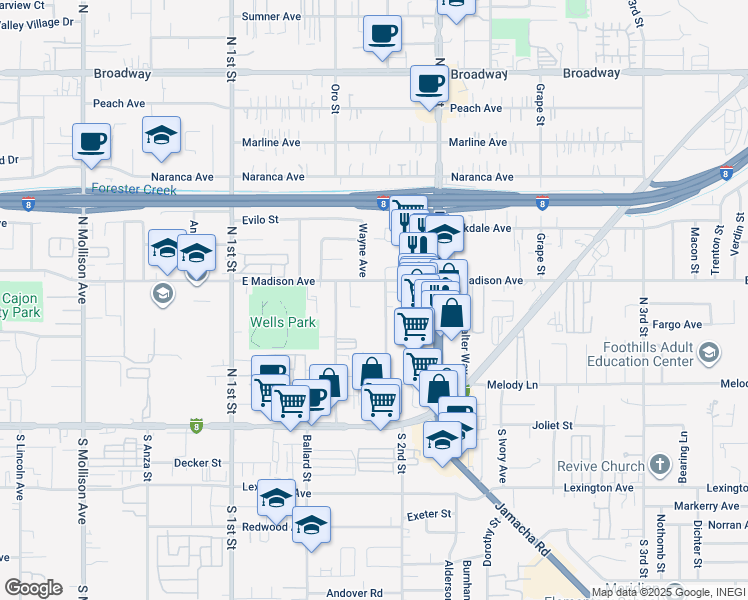 map of restaurants, bars, coffee shops, grocery stores, and more near 380 Shady Lane in El Cajon