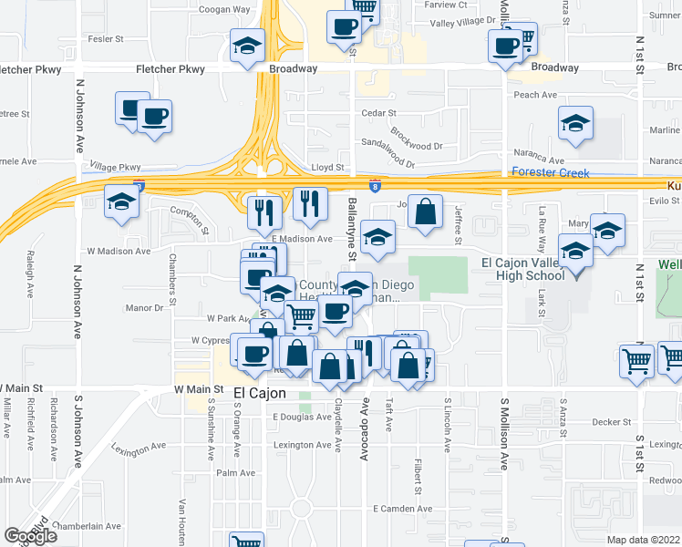 map of restaurants, bars, coffee shops, grocery stores, and more near 389 Ballantyne Street in El Cajon