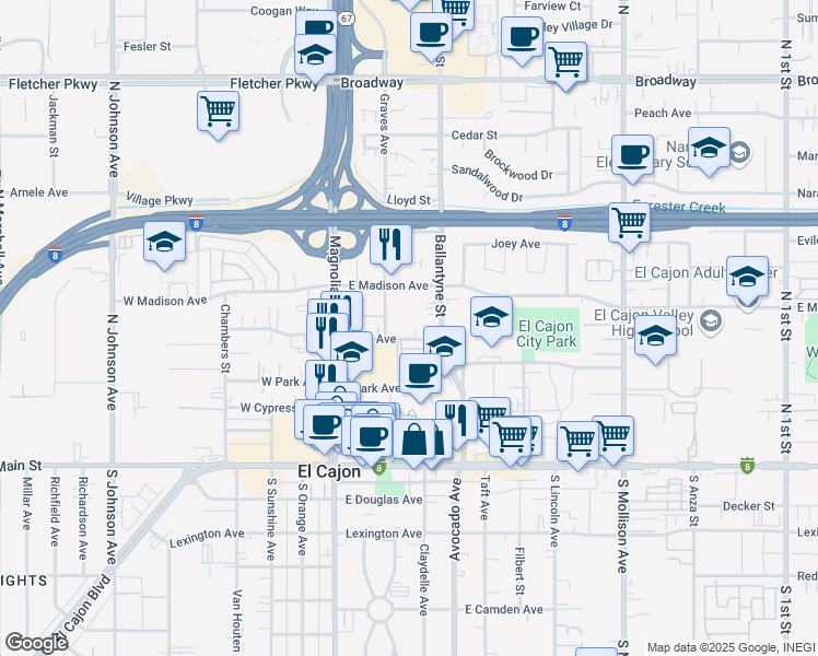 map of restaurants, bars, coffee shops, grocery stores, and more near 391 Connecticut Avenue in El Cajon