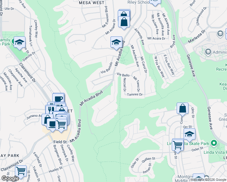 map of restaurants, bars, coffee shops, grocery stores, and more near 3133 Via Arcilla in San Diego