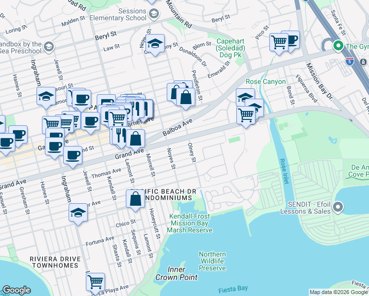 map of restaurants, bars, coffee shops, grocery stores, and more near 2157 Thomas Avenue in San Diego