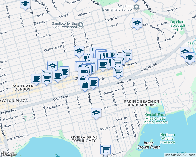 map of restaurants, bars, coffee shops, grocery stores, and more near 1703 Hornblend Street in San Diego