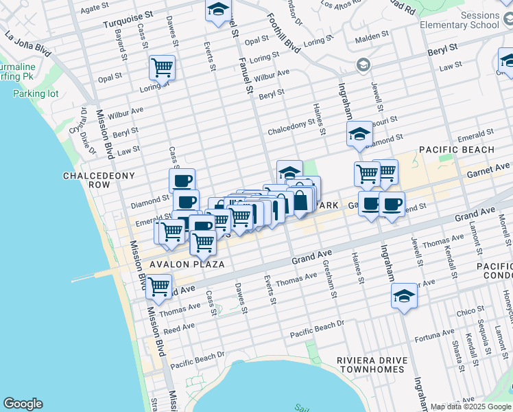 map of restaurants, bars, coffee shops, grocery stores, and more near 1227 Felspar Street in San Diego