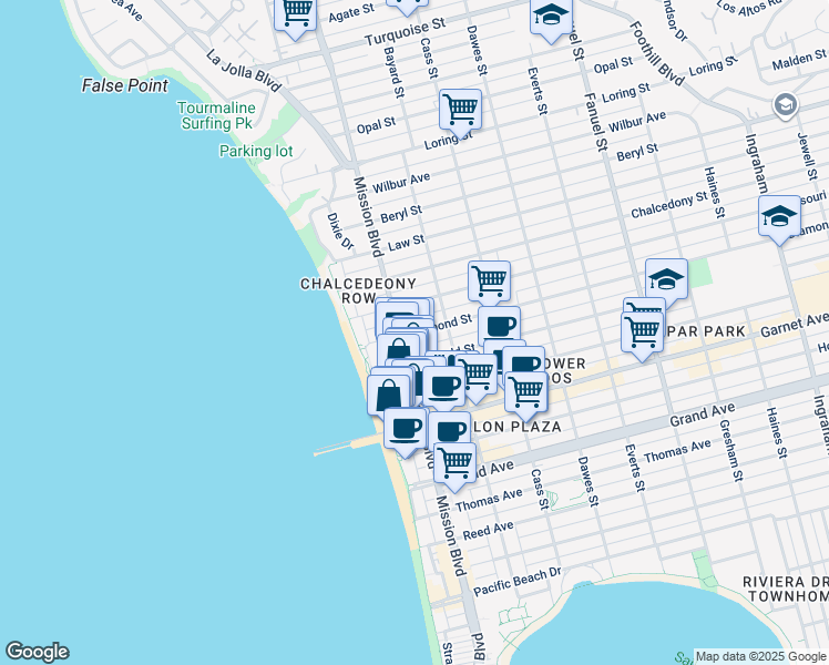 map of restaurants, bars, coffee shops, grocery stores, and more near in San Diego