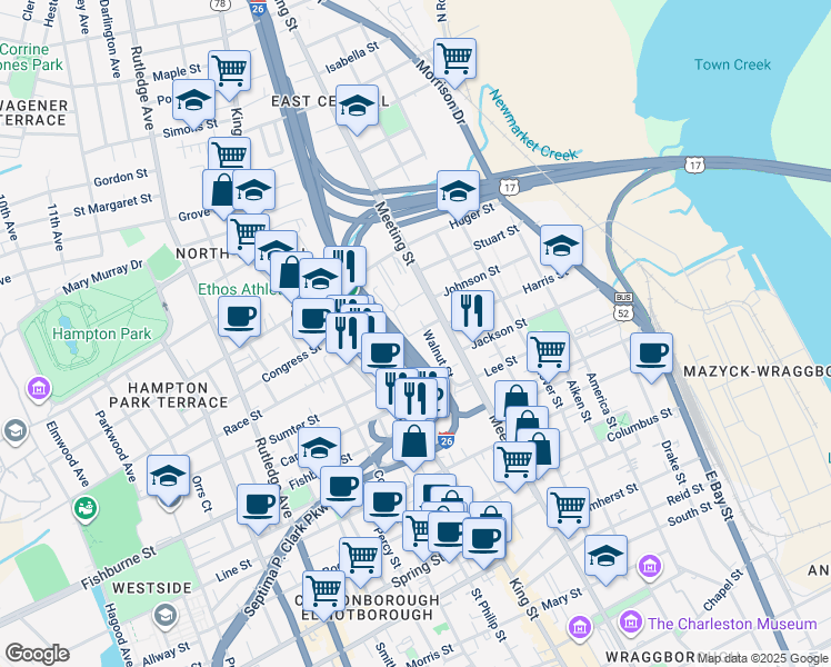 map of restaurants, bars, coffee shops, grocery stores, and more near 21 E Street in Charleston
