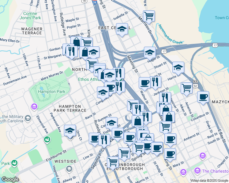 map of restaurants, bars, coffee shops, grocery stores, and more near in Charleston
