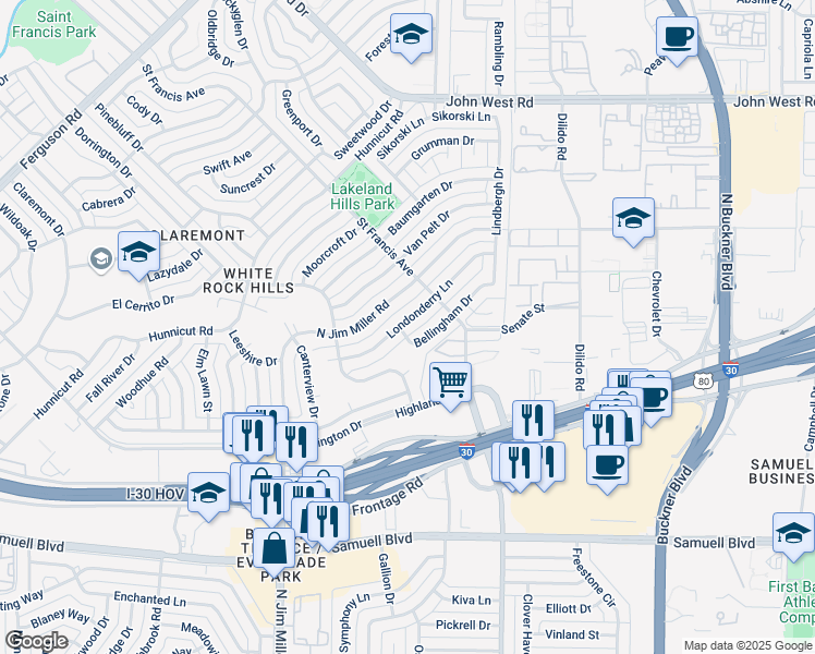 map of restaurants, bars, coffee shops, grocery stores, and more near 8434 Bellingham Drive in Dallas