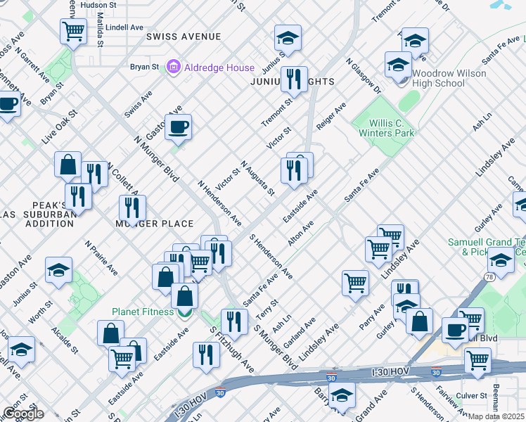 map of restaurants, bars, coffee shops, grocery stores, and more near 5314 Columbia Avenue in Dallas
