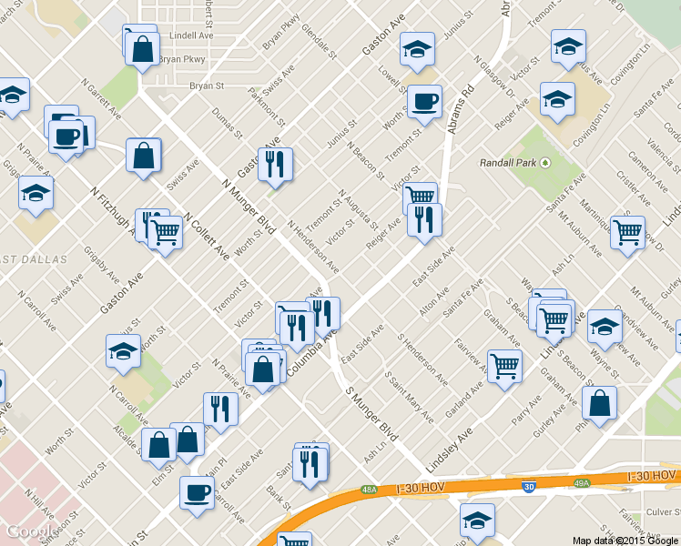 map of restaurants, bars, coffee shops, grocery stores, and more near 223 North Henderson Avenue in Dallas