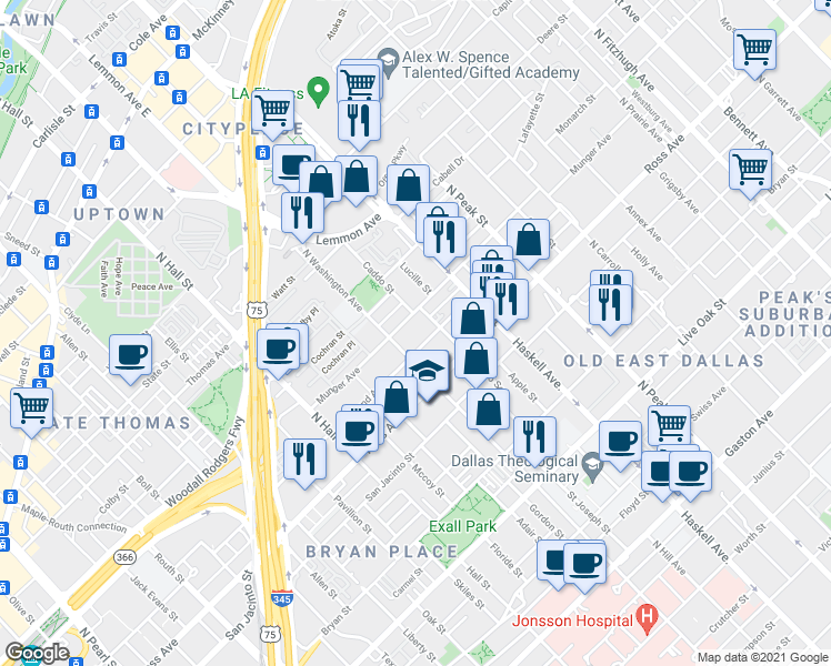 map of restaurants, bars, coffee shops, grocery stores, and more near in Dallas