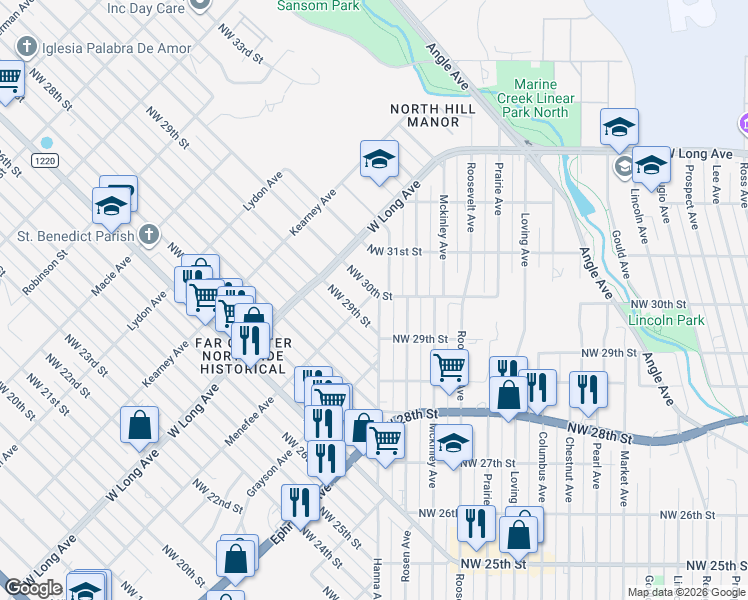 map of restaurants, bars, coffee shops, grocery stores, and more near 2522 Northwest 29th Street in Fort Worth