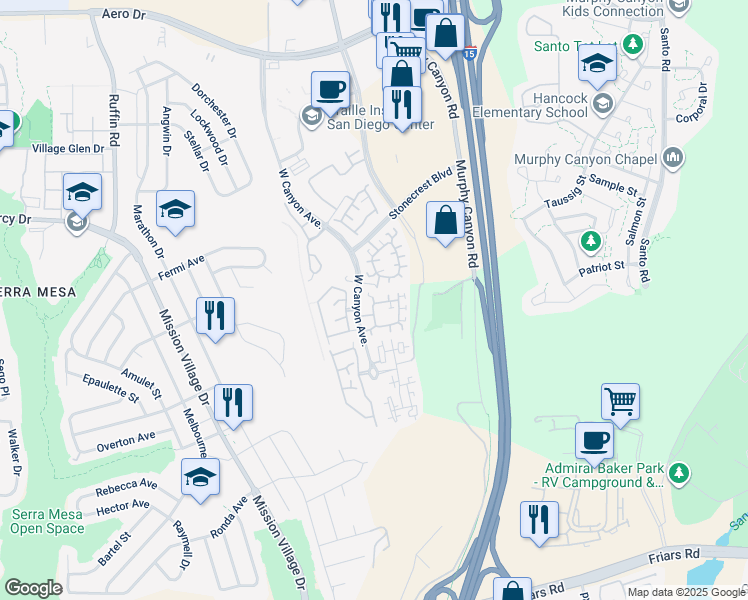 map of restaurants, bars, coffee shops, grocery stores, and more near 2991 West Canyon Avenue in San Diego