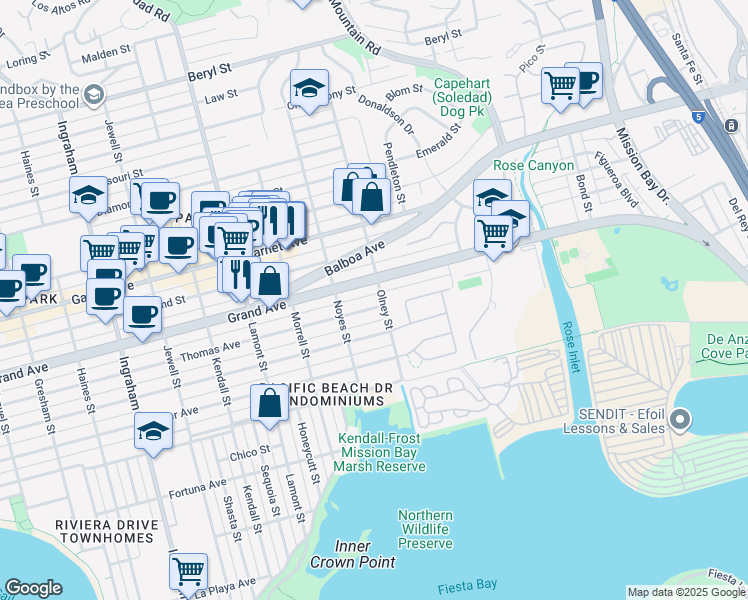 map of restaurants, bars, coffee shops, grocery stores, and more near 2157 Thomas Avenue in San Diego