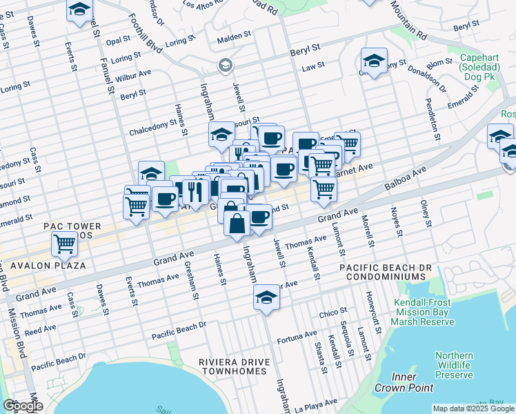 map of restaurants, bars, coffee shops, grocery stores, and more near 1675 Garnet Avenue in San Diego