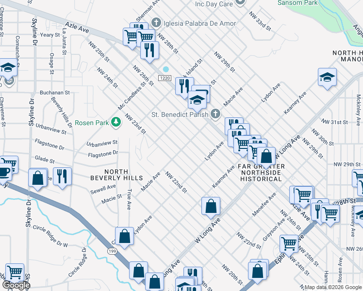 map of restaurants, bars, coffee shops, grocery stores, and more near 2401 Macie Avenue in Fort Worth
