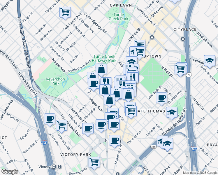 map of restaurants, bars, coffee shops, grocery stores, and more near 2600 Cole Avenue in Dallas