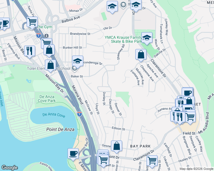 map of restaurants, bars, coffee shops, grocery stores, and more near 3742 Crete Street in San Diego