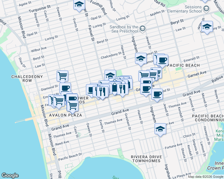 map of restaurants, bars, coffee shops, grocery stores, and more near 1339 Garnet Avenue in San Diego