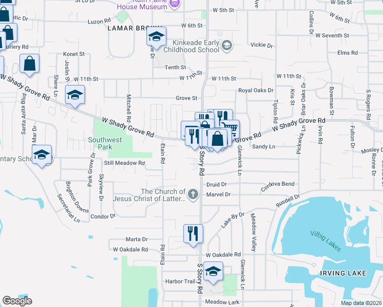 map of restaurants, bars, coffee shops, grocery stores, and more near 1413 South Story Road in Irving