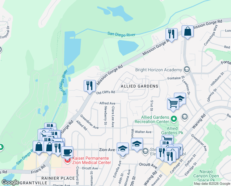 map of restaurants, bars, coffee shops, grocery stores, and more near 4865 Old Cliffs Road in San Diego