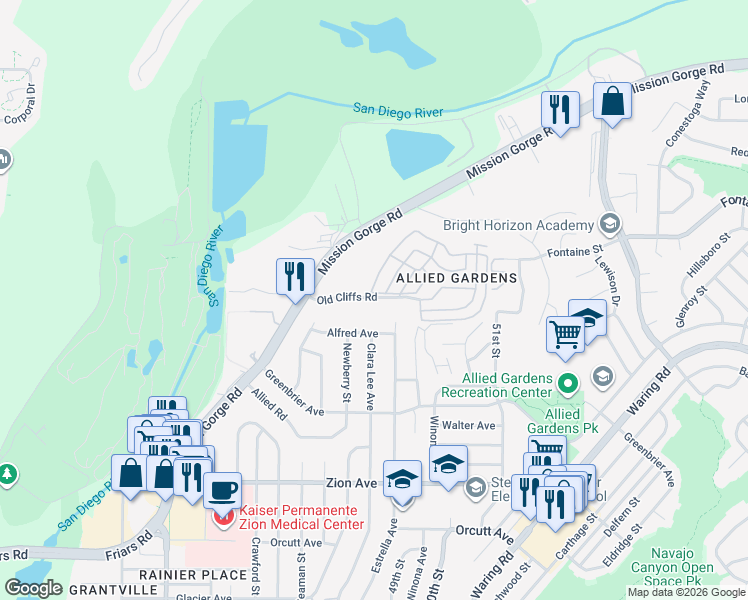 map of restaurants, bars, coffee shops, grocery stores, and more near 4865 Old Cliffs Road in San Diego