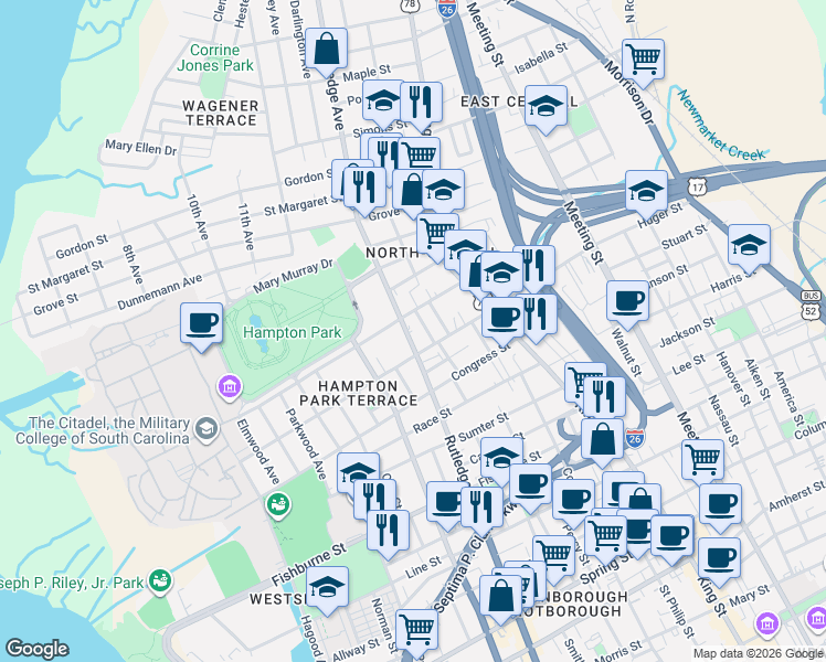 map of restaurants, bars, coffee shops, grocery stores, and more near 633 Rutledge Avenue in Charleston