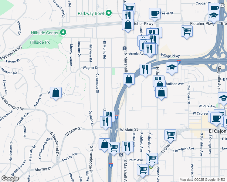 map of restaurants, bars, coffee shops, grocery stores, and more near 417 North Pierce Street in El Cajon