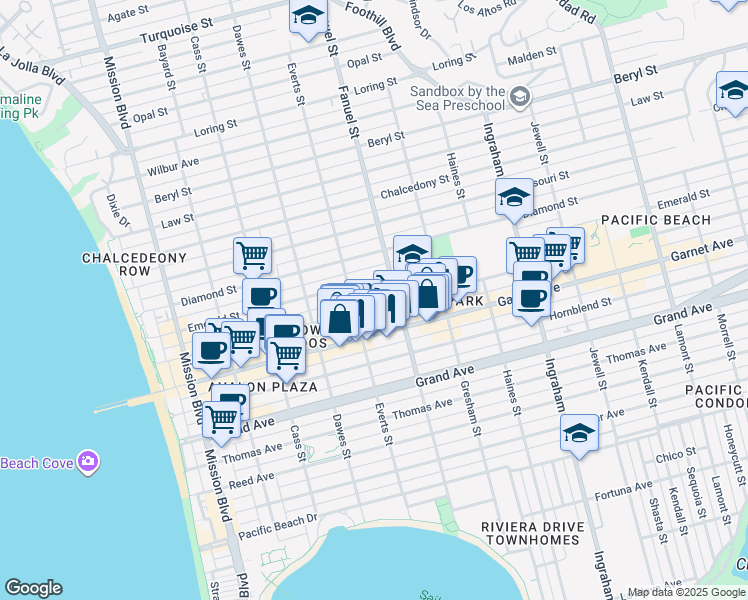 map of restaurants, bars, coffee shops, grocery stores, and more near 1236 Felspar Street in San Diego