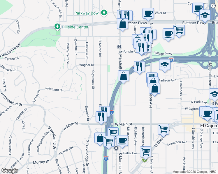 map of restaurants, bars, coffee shops, grocery stores, and more near 417 North Pierce Street in El Cajon