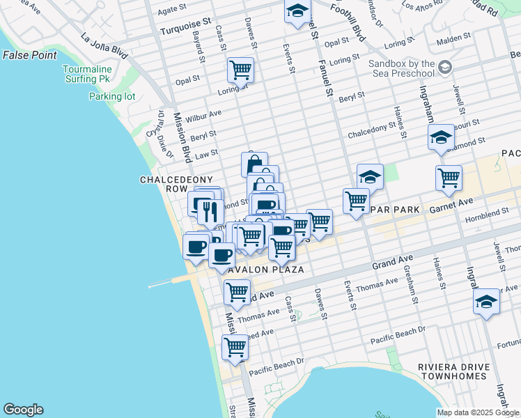 map of restaurants, bars, coffee shops, grocery stores, and more near 4666 Cass Street in San Diego