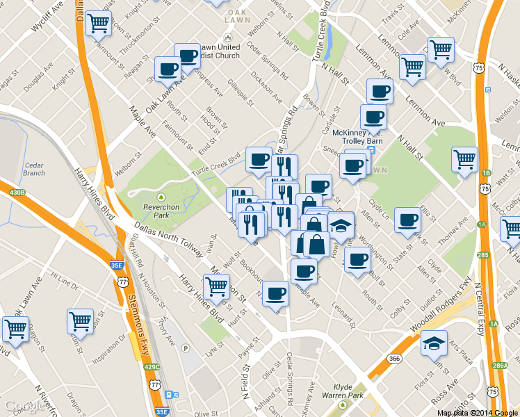 map of restaurants, bars, coffee shops, grocery stores, and more near 2501-2599 Carlisle Street in Dallas