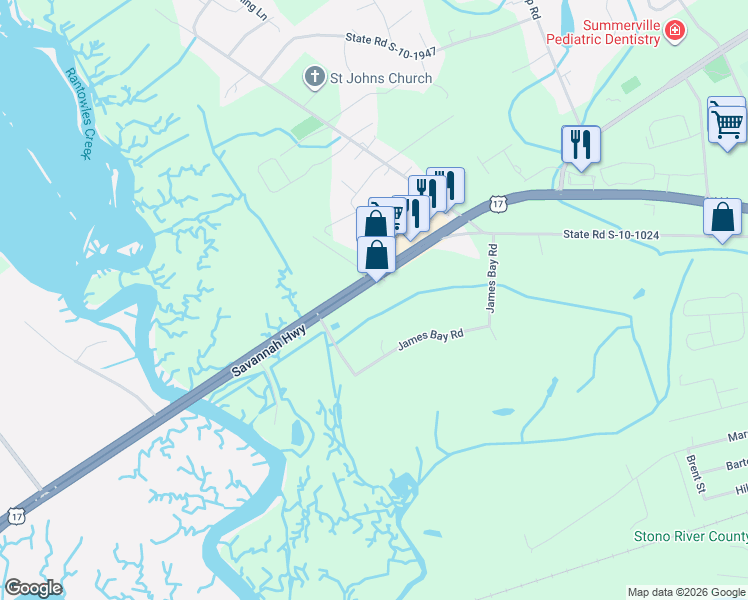 map of restaurants, bars, coffee shops, grocery stores, and more near 3925 Savannah Highway in Johns Island