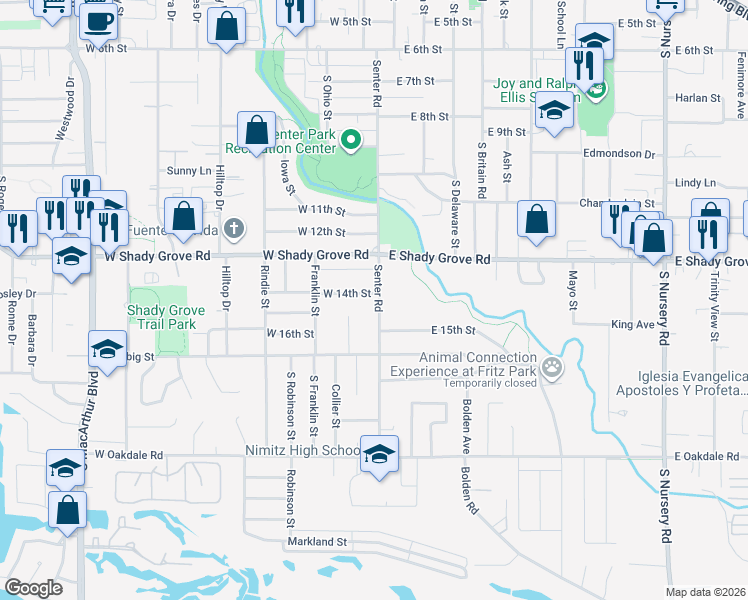 map of restaurants, bars, coffee shops, grocery stores, and more near 109 East 15th Street in Irving