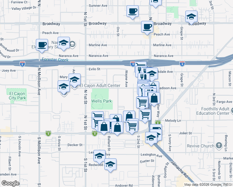 map of restaurants, bars, coffee shops, grocery stores, and more near 480 Orlando Street in El Cajon