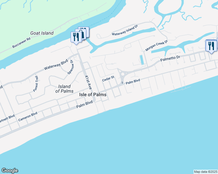 map of restaurants, bars, coffee shops, grocery stores, and more near 11 44th Avenue in Isle of Palms