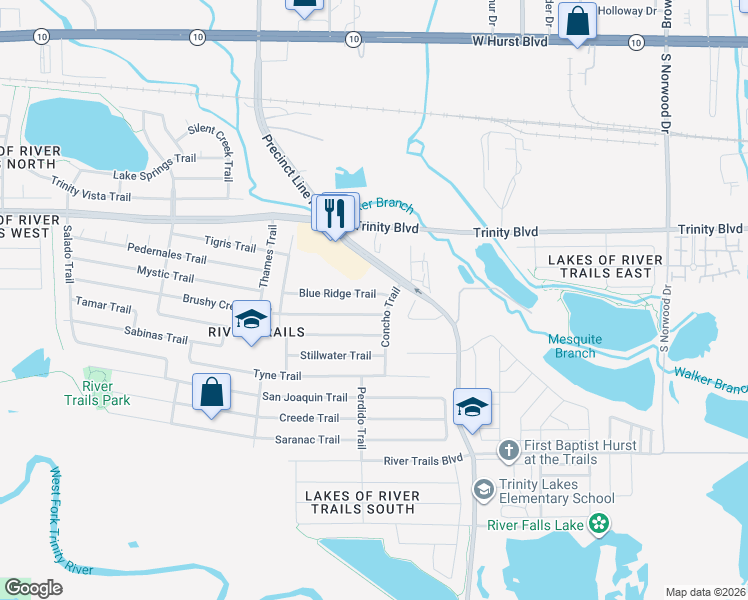 map of restaurants, bars, coffee shops, grocery stores, and more near 9088 Brushy Creek Trail in Fort Worth