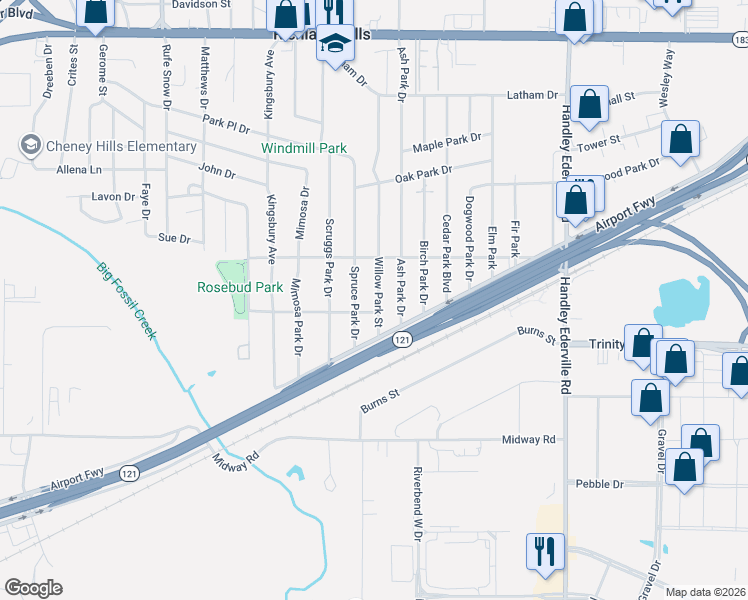 map of restaurants, bars, coffee shops, grocery stores, and more near 2705 Willow Park Street in Richland Hills