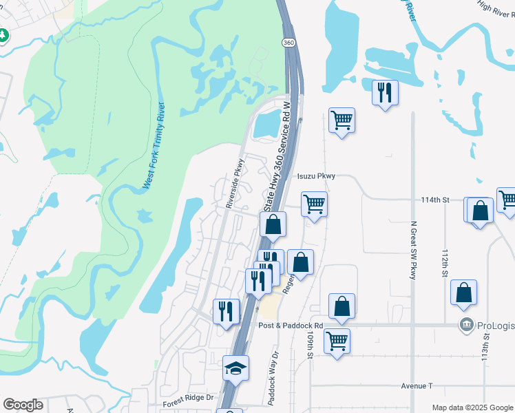 map of restaurants, bars, coffee shops, grocery stores, and more near 2825 Texas 360 in Grand Prairie