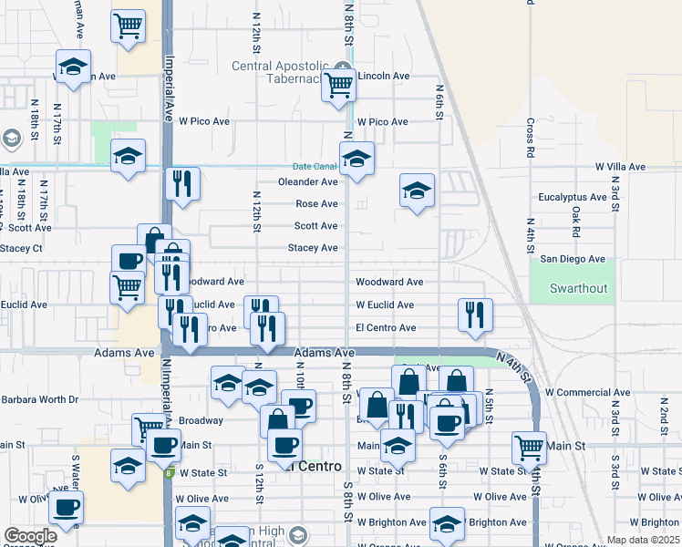 map of restaurants, bars, coffee shops, grocery stores, and more near 726 North 8th Street in El Centro