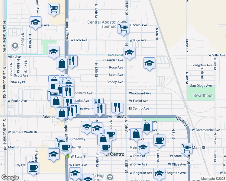 map of restaurants, bars, coffee shops, grocery stores, and more near 873 Woodward Avenue in El Centro