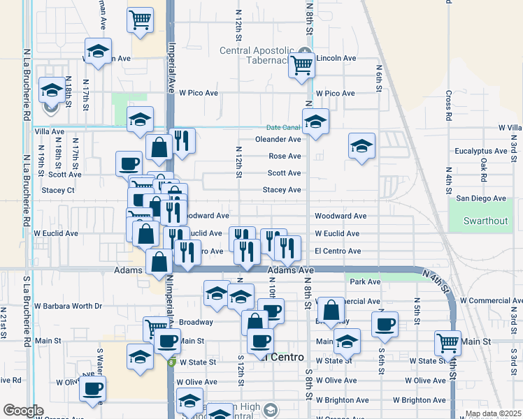 map of restaurants, bars, coffee shops, grocery stores, and more near 1035 Woodward Avenue in El Centro