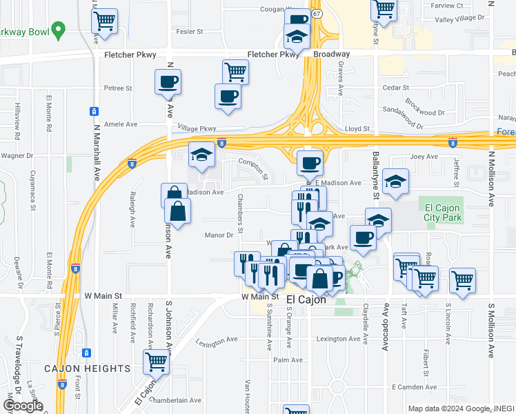 map of restaurants, bars, coffee shops, grocery stores, and more near 333 Wisconsin Avenue in El Cajon