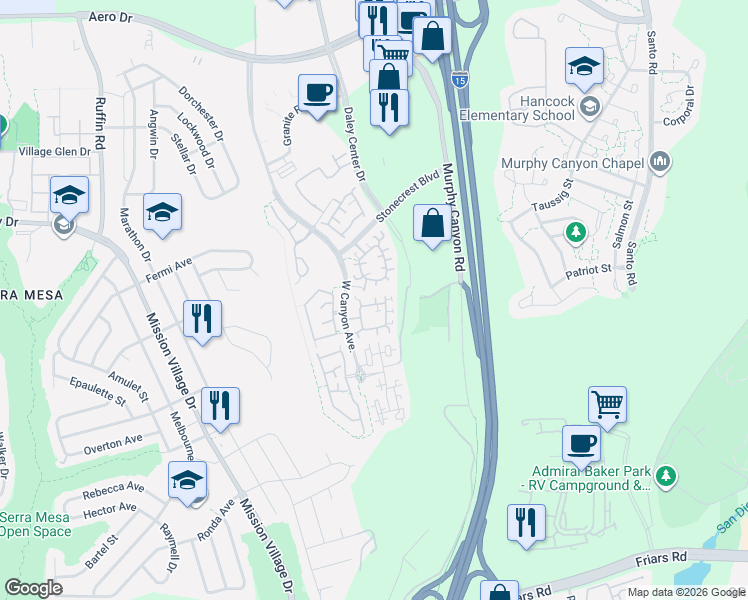 map of restaurants, bars, coffee shops, grocery stores, and more near 2941 West Canyon Avenue in San Diego