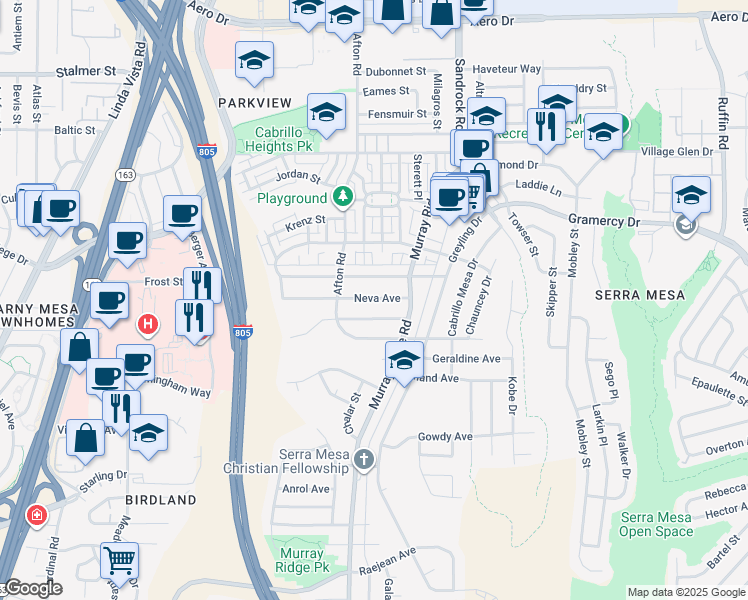 map of restaurants, bars, coffee shops, grocery stores, and more near 8562 Onalaska Avenue in San Diego
