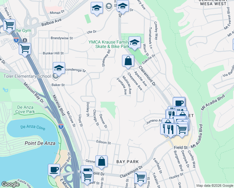 map of restaurants, bars, coffee shops, grocery stores, and more near 4235 Blackfoot Avenue in San Diego