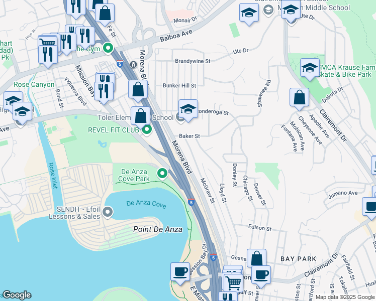 map of restaurants, bars, coffee shops, grocery stores, and more near 3321 Morena Boulevard in San Diego